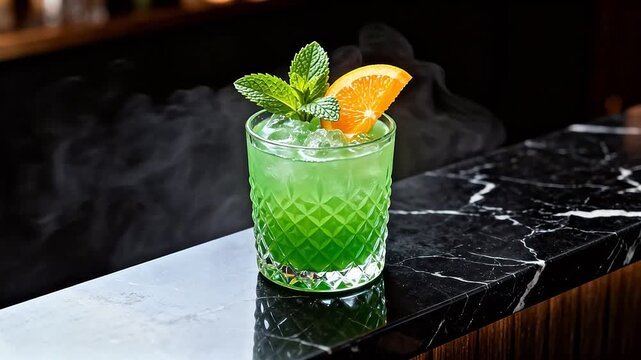 Green cocktail with mint and orange garnish
