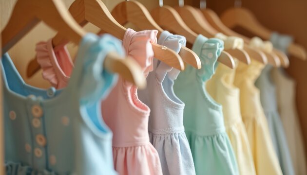 Row of pastel baby girl summer dresses hang on wooden hangers in closet. Soft colors like blue pink yellow mint green. Neat clean wardrobe for infant toddler clothes.