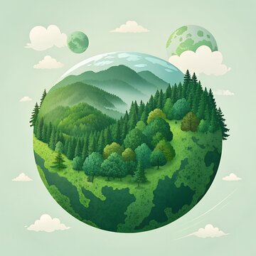 Eco friendly planet earth with renewable energy solar panels wind turbine and sustainable forest illustration.