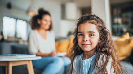 Fototapeta premium Smiling little girl looking at camera at home, happy mother in background, childhood and family life