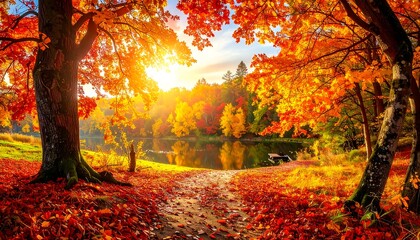 Obraz premium Autumnal forest scene with a sunlit path, vibrant orange and red leaves, reflecting water, and scenic depth