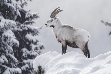 Fototapeta premium majestic mountain goat standing on a snowy ridge, alert and solitary against snow-covered evergreen trees and a misty gray sky