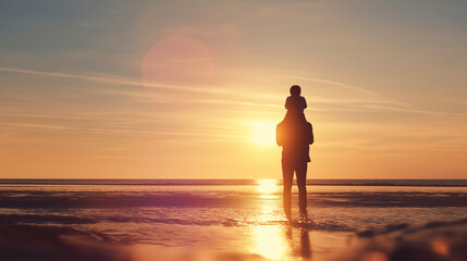 Fototapeta premium Father carrying child on shoulders, walking on beach at sunset, enjoying family vacation together