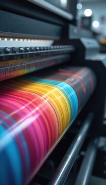 Printing press applies vibrant multicolored inks in stripes onto material. Industrial machine works fast creating graphic art on paper or fabric for signs and banners.
