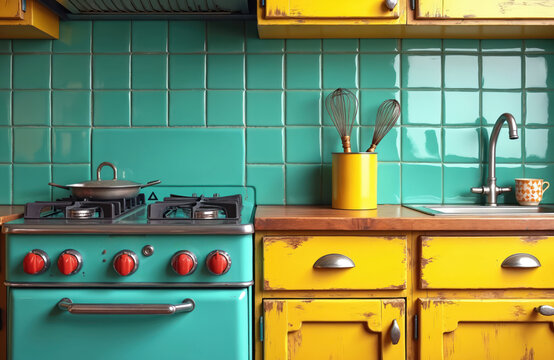 Retro kitchen with teal tiles and yellow cabinets. Features vintage aqua stove, sink, and wooden counter. Whisk tools in yellow holder. Needs updating.