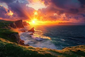 golden sunset over rugged sea cliffs with crashing waves and sun rays piercing dramatic clouds, lush grassy foreground evoking awe and serenity