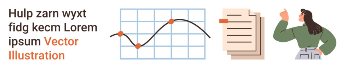 Business strategy, data interpretation, professional communication, workflow management, information sharing, teamwork. A graph, document stack and gesturing businessperson. Data interpretation © robu_s