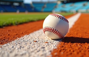 White baseball with red stitching rests on dusty infield dirt near foul line. Empty stadium seats and green grass visible in background. Sun shines brightly on empty baseball park.