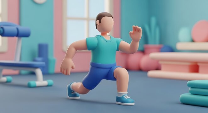 3D animated male character performing a lunge exercise in a modern home fitness gym environment, illustrating healthy active lifestyle and workout concepts