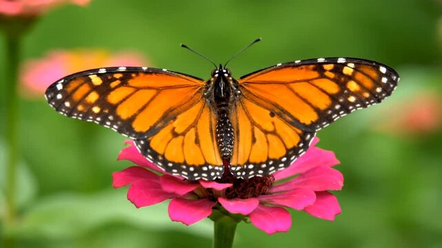 Monarch butterfly opening wings on pink zinnia flower in summer garden