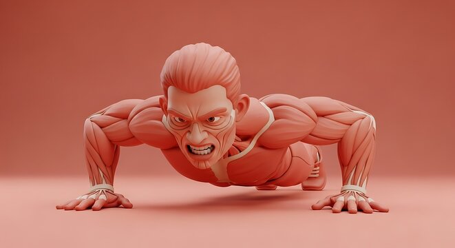 Intense 3D rendering of a muscular figure pushing limits during a challenging gym fitness workout, showcasing raw power and dedication to achieve peak physical performance