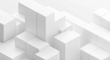 white minimalist 3d block cityscape of stacked rectangular buildings with soft shadows, calm and serene abstract architecture