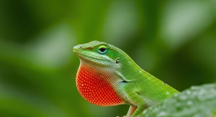 Fototapeta premium Green Lizard with Red Throat Closeup Portrait.