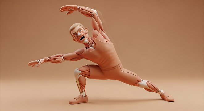 Captivating 3D anatomical render showcasing the intricate human musculature in a dynamic pose, perfect for visualizing peak fitness and understanding complex movements crucial for gym training and phy