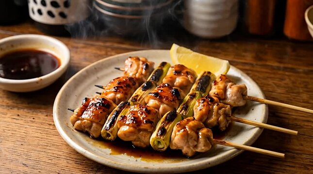 Yummy glazed chicken skewers with leeks and lemon, food photography, grilled meat, asian cuisine, juicy steak.