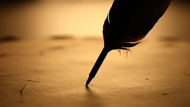 Cinematic close-up of a dark feather quill writing on textured parchment paper in warm, glowing light, symbolizing creativity, history, writing, and storytelling, with a sense of vintage elegance and