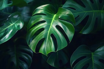 Close-up of large glossy split tropical leaves with deep green tones and soft dramatic light evoking calm lush serenity