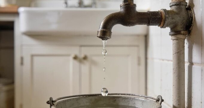Water droplet dripping from faucet into bucket