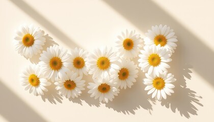 Fototapeta premium Delicate blossoms in serene arrangement exhibit crisp white petals and golden centers under gentle light, casting soft shadows on the neutral backdrop