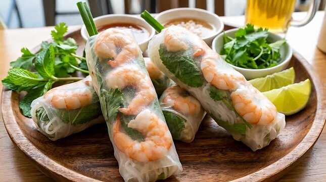 Fresh shrimp summer rolls with dipping sauces and herbs on wooden plate summer rolls fresh rolls, shrimp.