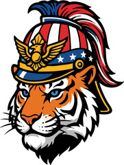 Obraz premium Tiger Head Mascot in Patriotic American Flag Helmet