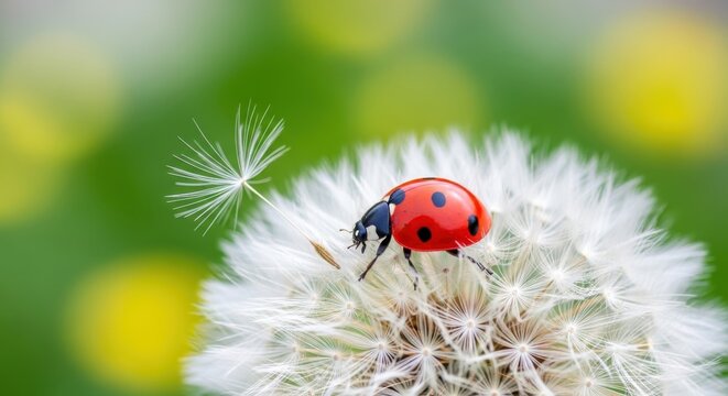 Ladybug on Dandelion Closeup Macro Shot.
