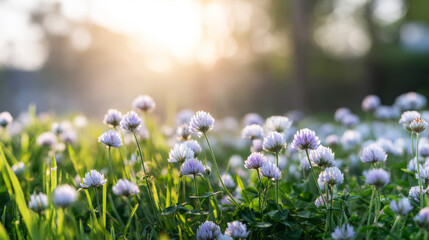 Fototapeta premium Clover blossoms thriving in lush green grass, illuminated by soft golden light during a peaceful evening or morning