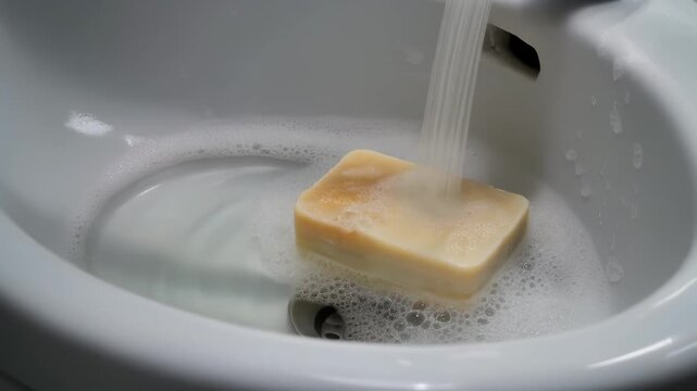 水滴に溶けゆく使いかけの石けんが語る時間消耗の比喩表現