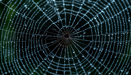 Fototapeta premium Dewy Spider Web Close-up with Water Droplets on Dark Background