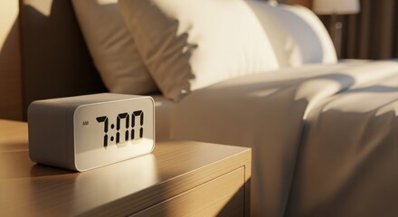 Digital alarm clock shows 7:00 on wooden nightstand, bright morning sun illuminates crisp white bed. Modern alarm clock design conveys peaceful start, promoting restful awakening and productive day.