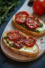 Two toasted baguette slices topped with melted cheese, vibrant green pesto, roasted tomato rounds and olive oil on a wooden board, warm and inviting rustic snack
