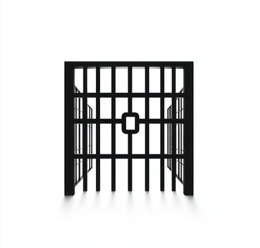 black metal barred gate and cell doorway on white background conveying stark isolation and confinement