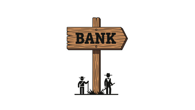 Wooden bank signpost in a wild west style with silhouettes of cowboys standing beneath it for western themed design projects.