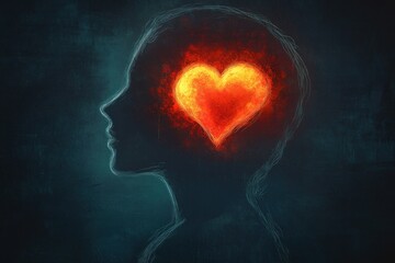 Obraz premium Profile silhouette with a glowing fiery heart inside the head on a dark textured background, evoking warmth, love and introspection