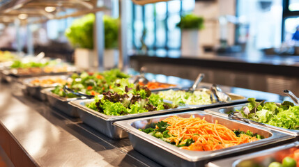 Obraz premium Fresh salad bar offering healthy eating options, stainless steel food trays filled with crisp vegetables in a modern restaurant