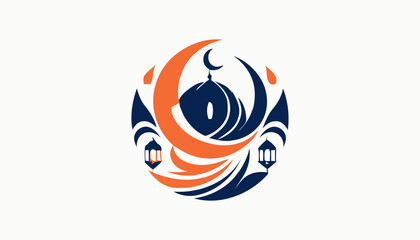 Obraz premium Vibrant mosque logo with crescent moon and lanterns