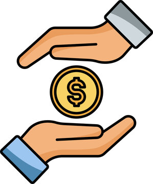 Modern financial saving icon transparent PNG. Dollar coin held between two business hands, symbolizing shared responsibility between bank and customer for saving. Saving icon clipart.