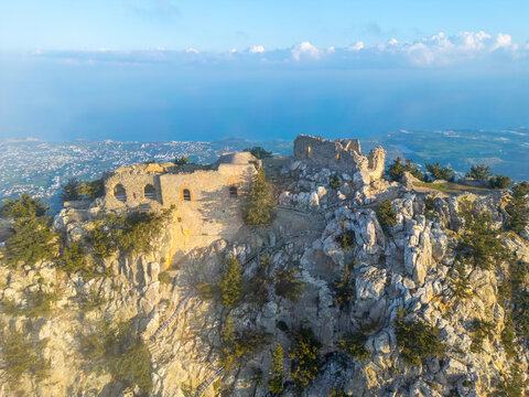 Aerial view of historical Buffavento Castle at the Fivefingers mountains in Kyrenia, North Cyprus.