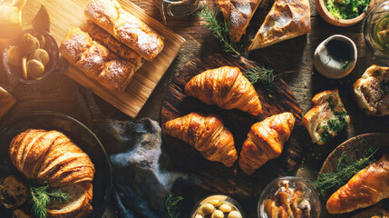 Rustic breakfast spread on wooden table with golden croissants, freshly baked bread, and savory elements