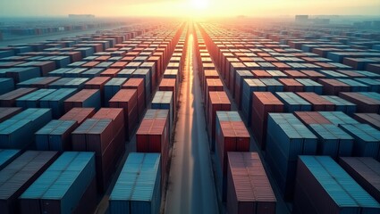 Obraz premium Aerial view of shipping container yard with rows of stacked containers in blue and red at sunrise or sunset with cargo handling operations.
