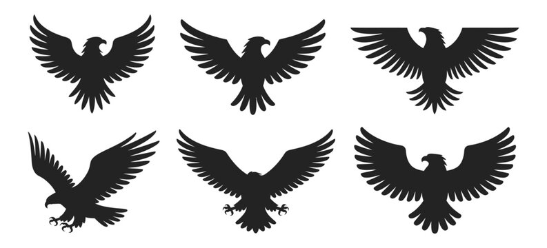 Black eagle silhouettes in multiple dynamic flying and attacking poses, bold heraldic bird symbols representing strength