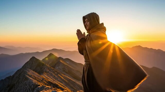 Solitary ascetic monk in hooded cloak praying on mountain peak at sunrise for spiritual enlightenment
