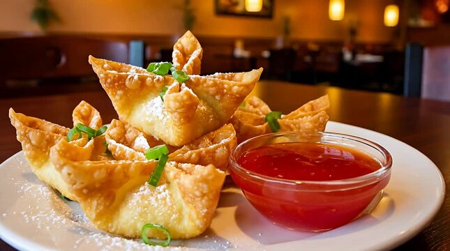 Golden fried wontons appetizer crispy wonton cups with sweet chili dip scallion garnish delicious snack,.