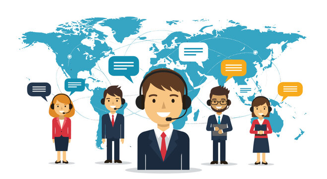 Professional global customer service team with headsets stands in front of a blue world map with floating speech bubbles for communication.