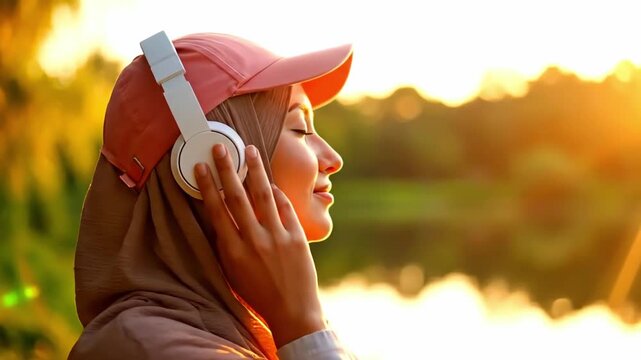 Woman wearing hijab and headphones enjoying nature at sunrise.