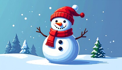 Fototapeta premium A cheerful snowman, crafted from pristine white snow, wears a vibrant red hat and scarf against a snowy backdrop with pine trees and gently falling flakes