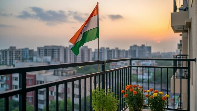 Indian National Flag on Apartment Balcony with Marigold Flowers at Sunset