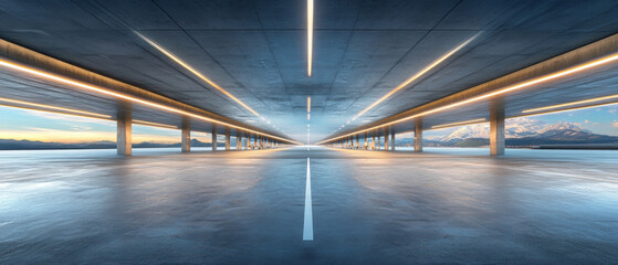 Obraz premium Beneath the concrete supports of the bridge, stretching into the distance above the water, lines of light create a futuristic perspective — the ideal technological backdrop for presentations 