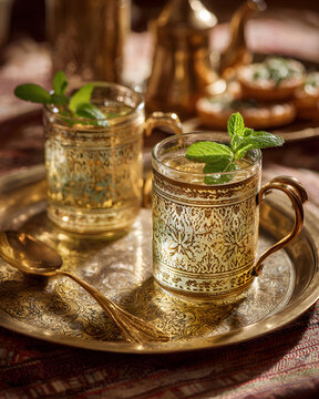 Golden brass cups with mint tea and chebakia on ornate tray, warm Moroccan tea setting with fresh mint garnish