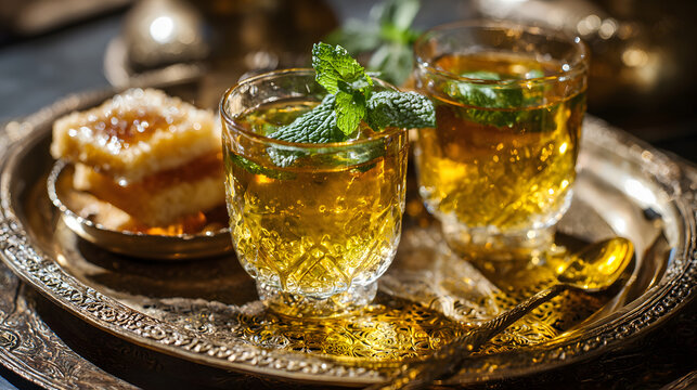 Mint tea and chebakia on ornate brass tray with fresh mint garnish and spoon, warm golden tones, traditional North African tea service